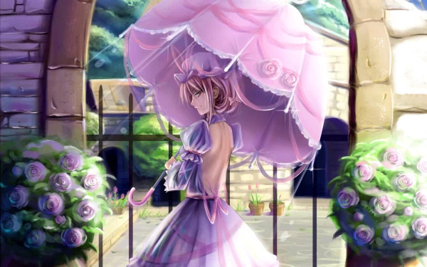 A stunning HD wallpaper featuring Yukari Yakumo from the anime Touhou, elegantly posed with a pink parasol amidst a beautiful garden setting.
