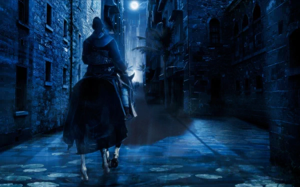 4K Ultra HD PC desktop wallpaper of a fantasy knight in armor riding through a moonlit, rain-slick medieval alley, bathed in blue mist.