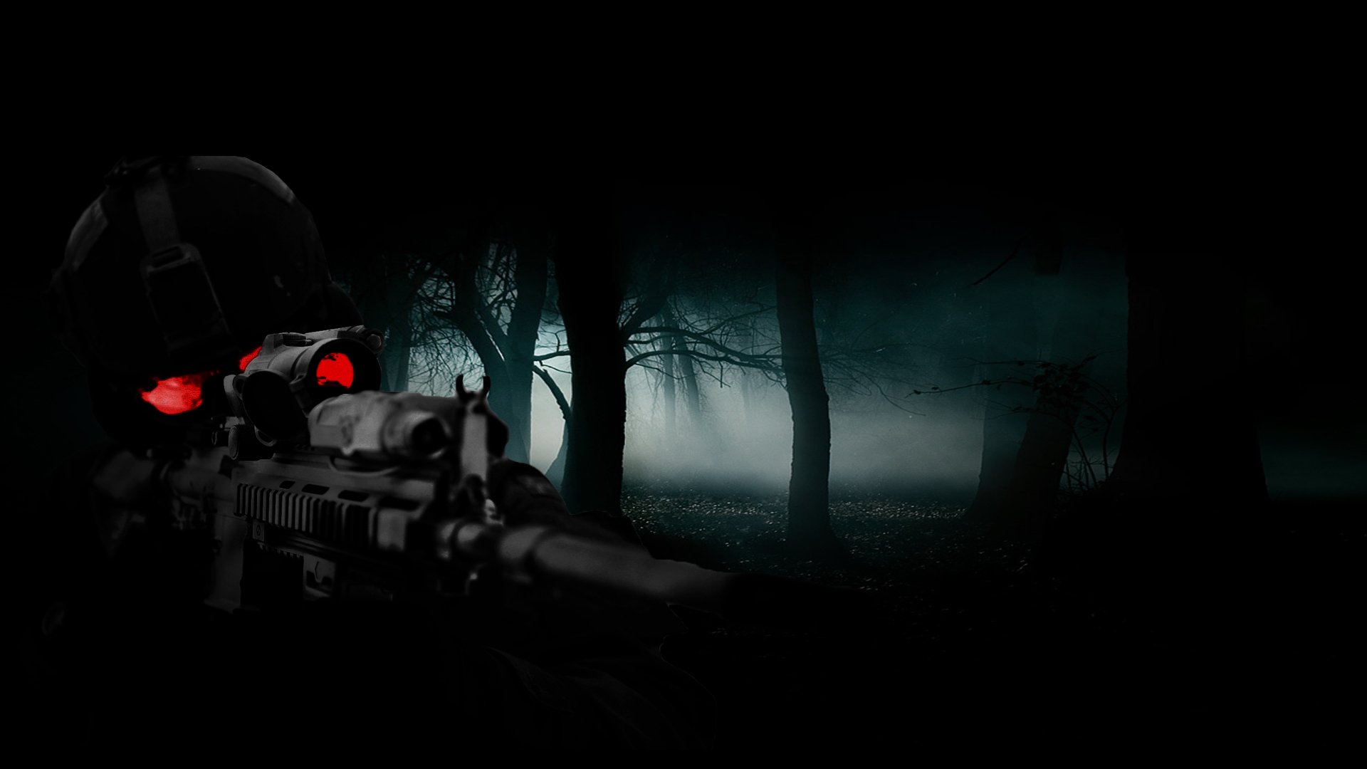 HD PC desktop wallpaper featuring a soldier in tactical gear aiming a rifle with glowing red eyes, set against a dark, misty forest background.