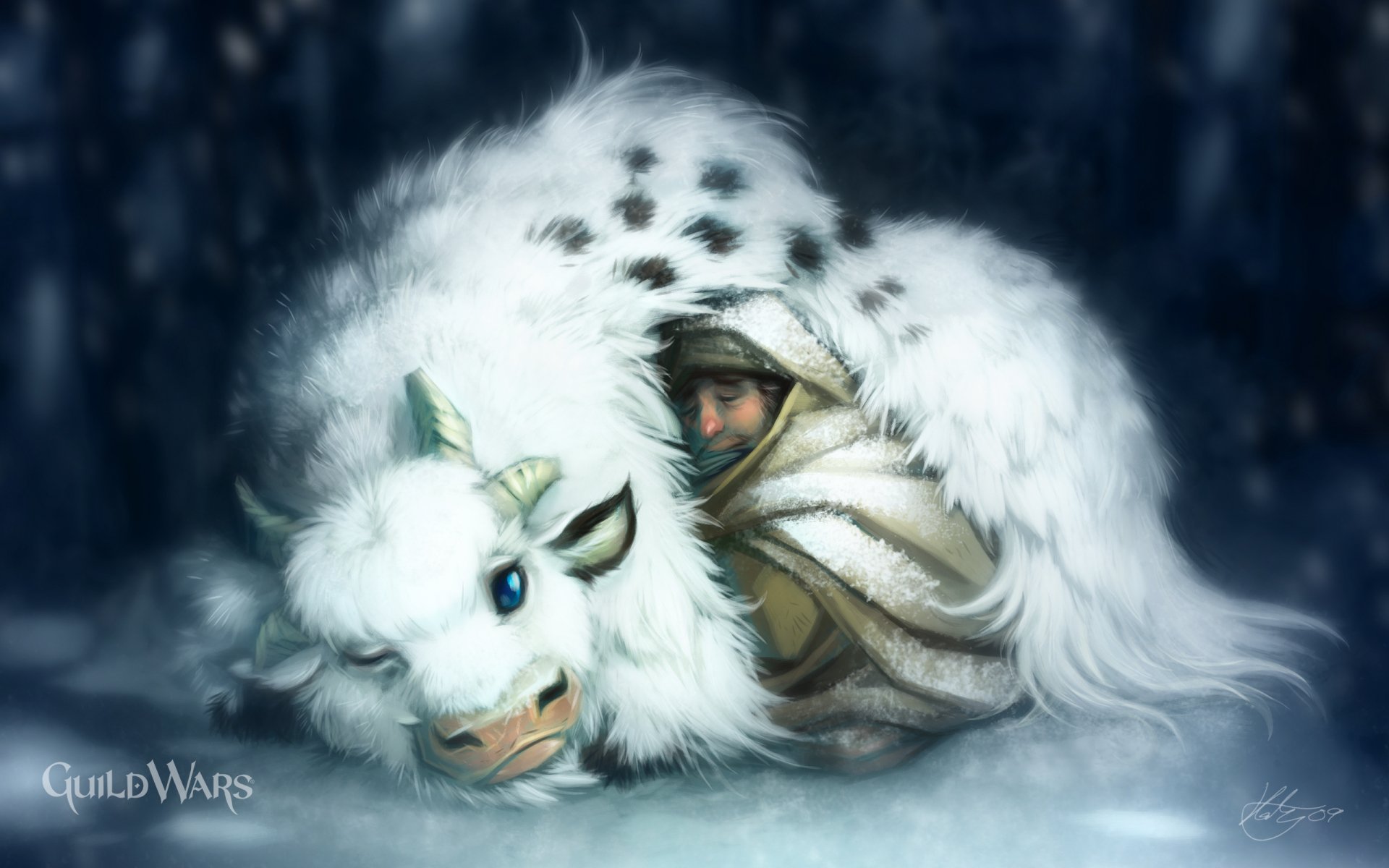 2K Quad HD PC desktop wallpaper and background from the video game Guild Wars: a cloaked figure huddled with a large white spotted beast in falling snow.