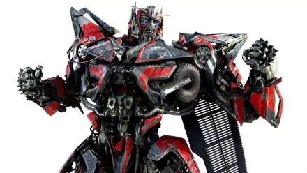 HD PC desktop wallpaper featuring a detailed, red and black Transformer robot from the movie franchise, posed against a white background.