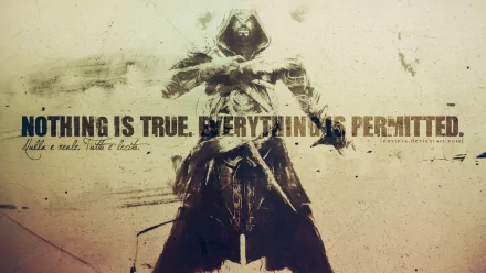 HD PC wallpaper of Assassin's Creed: Revelations showing a hooded assassin with crossed blades and the motto Nothing is true, everything is permitted.
