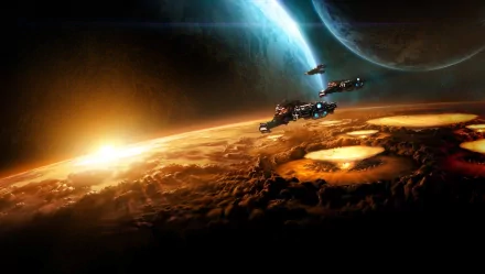 A stunning HD desktop wallpaper featuring a cosmic scene inspired by Starcraft, showcasing spacecraft sailing above a planet with a vibrant sunrise and distant celestial bodies.