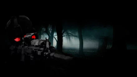 HD PC desktop wallpaper featuring a soldier in tactical gear aiming a rifle with glowing red eyes, set against a dark, misty forest background.