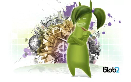 A colorful HD wallpaper from the video game De Blob 2 features a vibrant green character with pigtails, surrounded by a lively urban backdrop and splashes of paint.