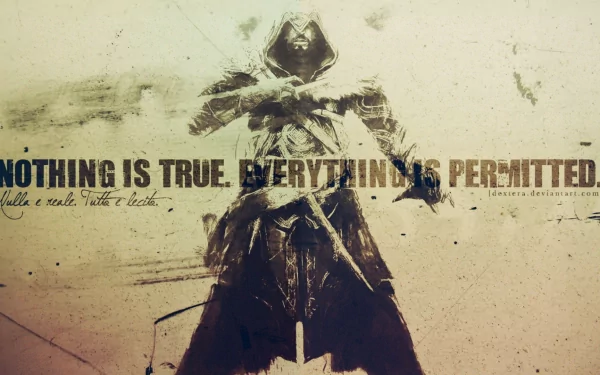 HD PC wallpaper of Assassin's Creed: Revelations showing a hooded assassin with crossed blades and the motto Nothing is true, everything is permitted.