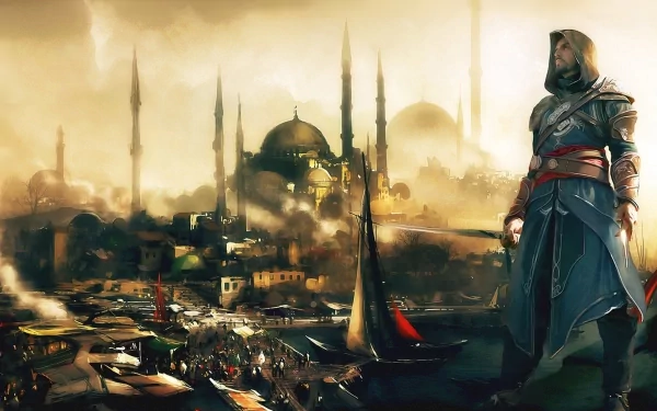 4K Ultra HD PC wallpaper featuring a hooded assassin overlooking an ancient cityscape from Assassin's Creed: Revelations, blending detailed architecture with atmospheric lighting.