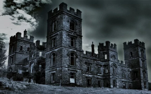 4K Ultra HD desktop wallpaper featuring a dark, ominous man-made castle building under a cloudy sky.