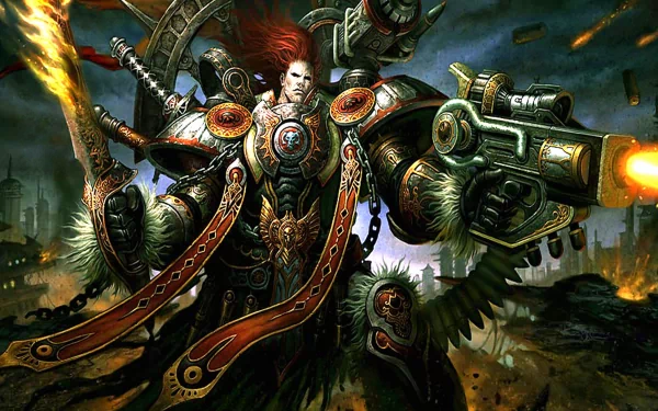 A fierce fantasy warrior stands ready for battle, wielding powerful weapons amidst a war-torn landscape. This striking 4K Ultra HD image captures intense action and epic atmosphere.