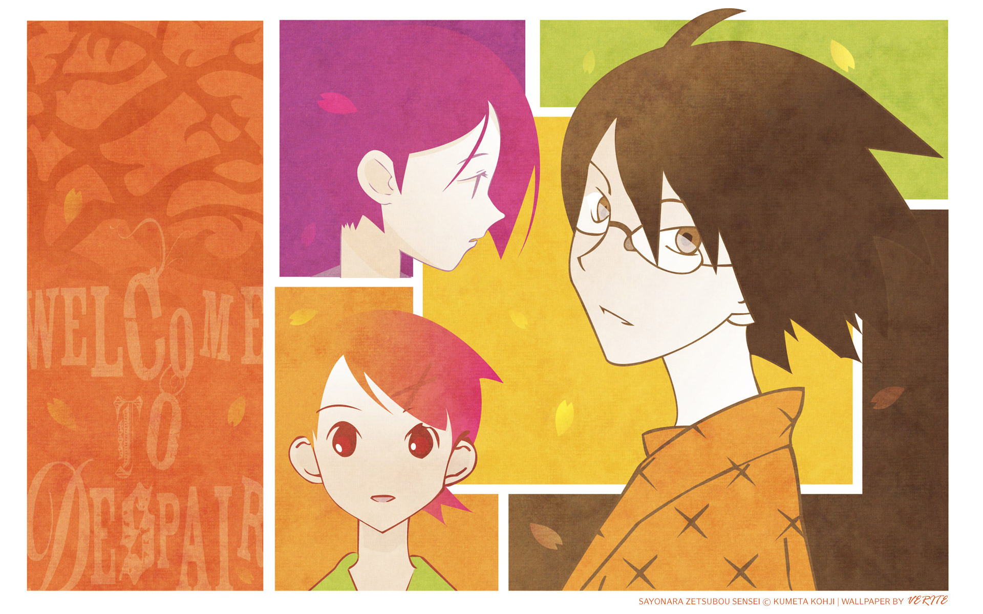 Anime characters Nozomu Itoshiki, Chie Arai, and Kafuka Fuura in Sayonara Zetsubou-Sensei desktop wallpaper.

