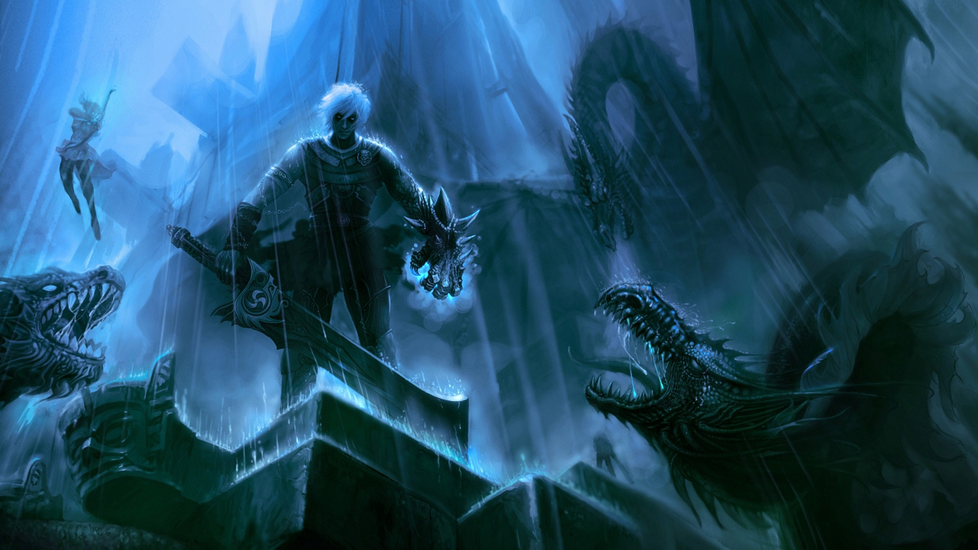 Powerful warrior emerges from the darkness in captivating desktop wallpaper.