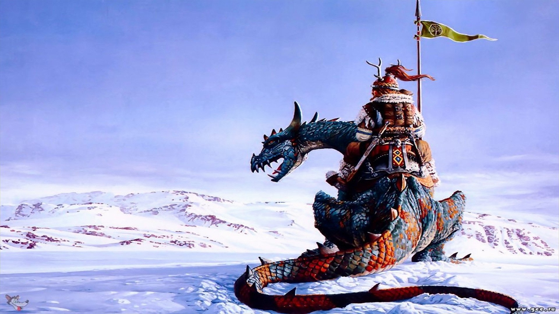 4K Ultra HD fantasy desktop wallpaper featuring a warrior riding a fierce dragon across a snowy landscape under a clear blue sky.