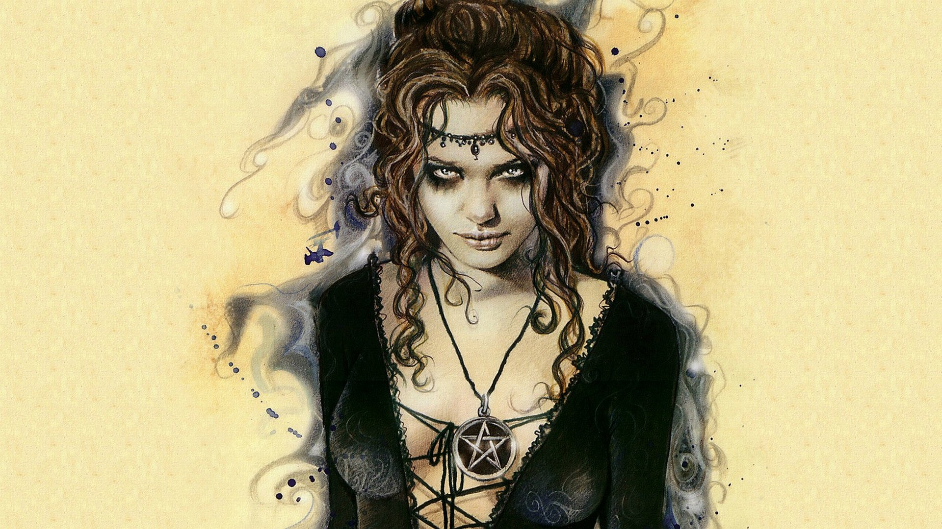 A captivating HD wallpaper featuring a gothic woman adorned with a pentagram, set against a dreamy fantasy background, exuding an enchanting and mystical aura.