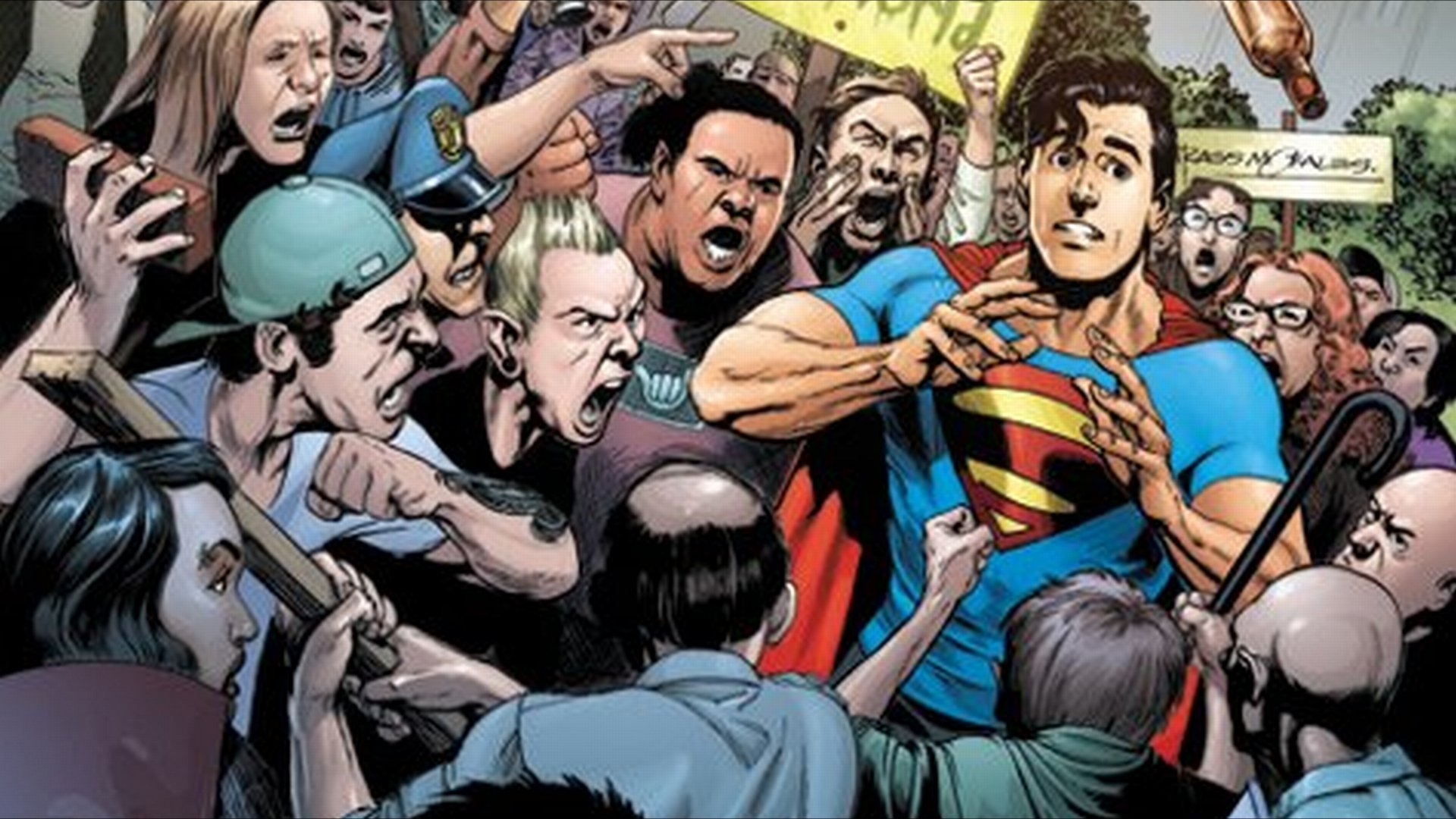 A dynamic comic-style image features Superman amidst a chaotic crowd, delivering a powerful visual impact as a 4K Ultra HD desktop wallpaper and background.