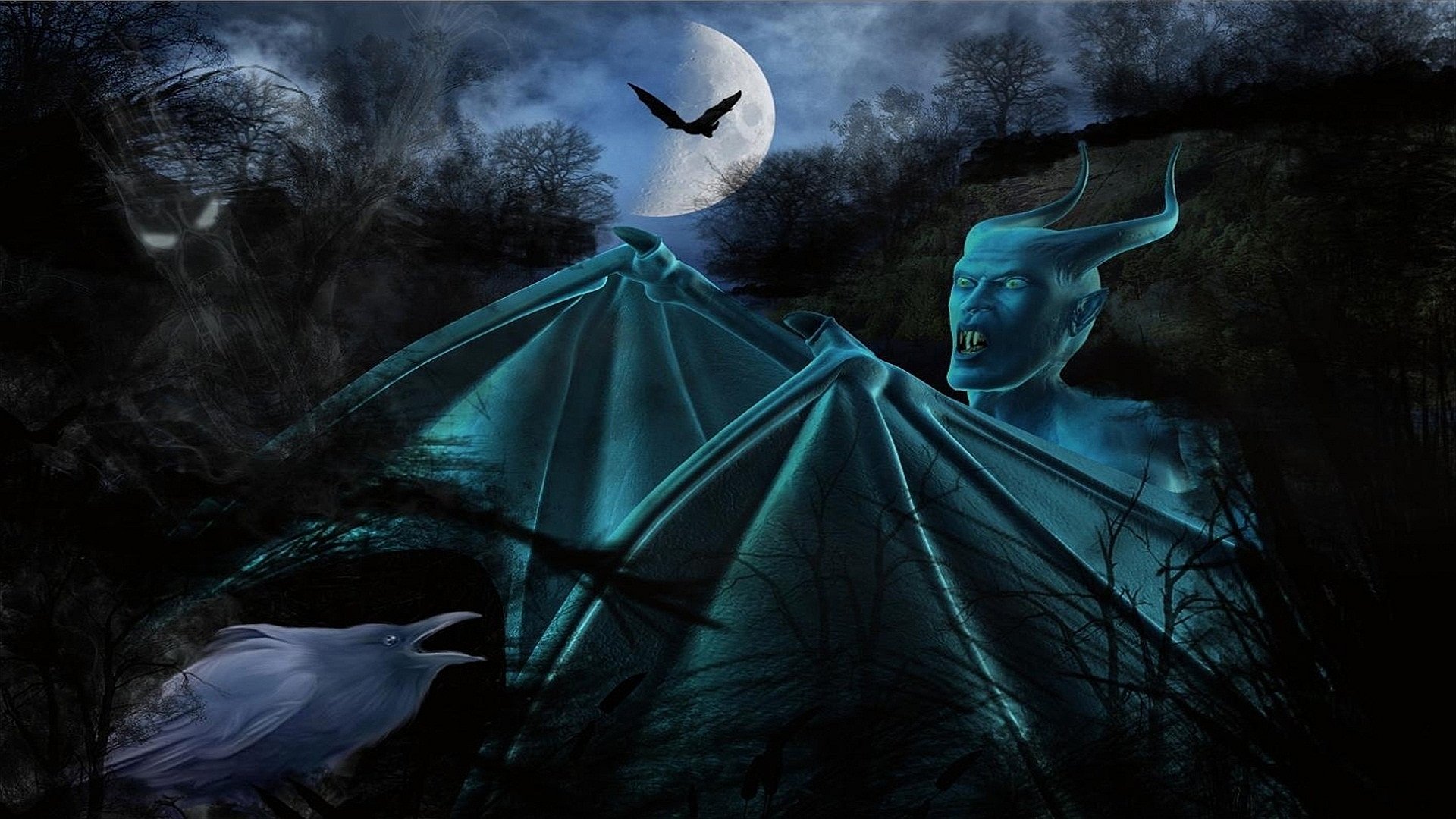 HD PC fantasy desktop wallpaper of a blue-green horned demon rising with vast bat-like wings over a misty forest under a full moon, a raven nearby.