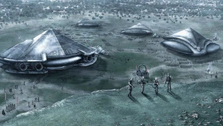 A dramatic scene from the TV show Stargate SG-1, depicting an alien landscape with futuristic structures and characters in a striking 4K Ultra HD wallpaper.