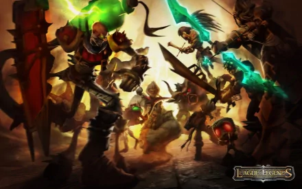 HD wallpaper featuring champions from League of Legends: Ashe, Cho'gath, Master Yi, Soraka, Ryze, Alistar, Amumu, Kayle, and Singed in an action-packed scene.