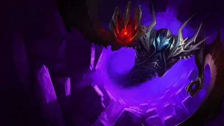 HD desktop wallpaper featuring Nocturne from League of Legends, showcasing the character emerging from a dark, purple-hued swirling portal.