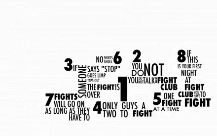 HD PC desktop wallpaper featuring iconic Fight Club movie rules creatively arranged in bold black text on a white background, emphasizing key phrases from the film.