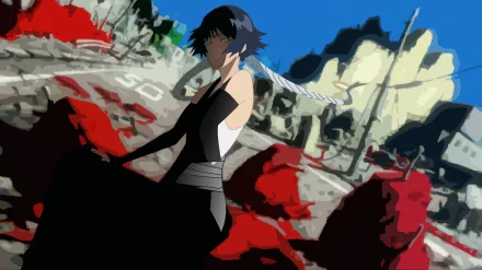 Soifon from Bleach poses against a stylized battlefield backdrop, high-contrast anime art — 2K Quad HD PC desktop wallpaper/background.