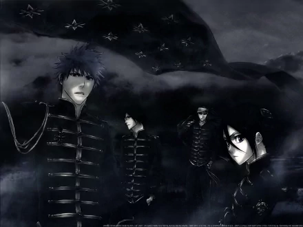 HD PC desktop wallpaper featuring Uryu Ishida, Rukia Kuchiki, Renji Abarai, and Ichigo Kurosaki from the anime Bleach in a dark, atmospheric setting.
