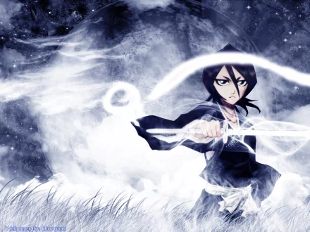 HD desktop wallpaper featuring Rukia Kuchiki from the anime Bleach, standing with a serious expression, holding her sword with swirling energy in a mystical, foggy background.