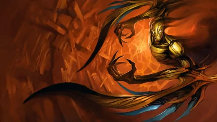 Nocturne from League of Legends emerges from swirling shadows in fiery orange and black; HD PC desktop wallpaper of the video game champion with spectral blades and glowing eyes.