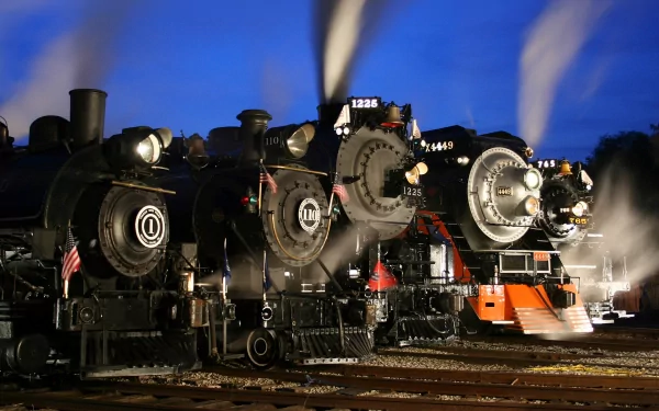 4K Ultra HD PC desktop wallpaper: three vintage steam train vehicles lined on tracks at night, glowing headlights and billowing steam under a deep blue sky.