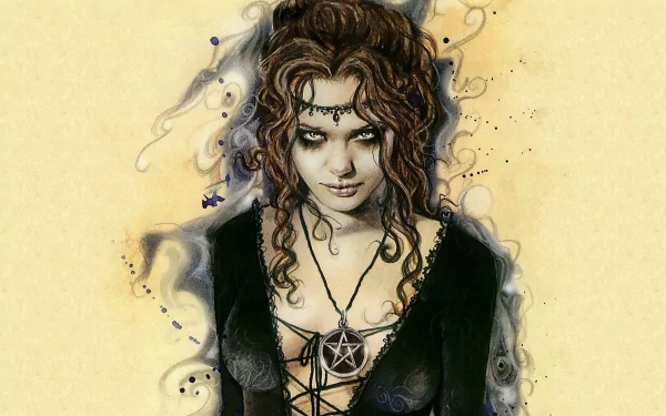 A captivating HD wallpaper featuring a gothic woman adorned with a pentagram, set against a dreamy fantasy background, exuding an enchanting and mystical aura.