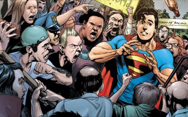 A dynamic comic-style image features Superman amidst a chaotic crowd, delivering a powerful visual impact as a 4K Ultra HD desktop wallpaper and background.