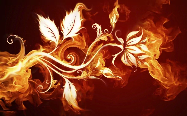 CGI HD desktop wallpaper featuring artistic elemental flames forming fiery flowers and leaves against a dark background.