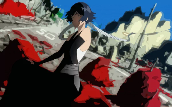 Soifon from Bleach poses against a stylized battlefield backdrop, high-contrast anime art — 2K Quad HD PC desktop wallpaper/background.