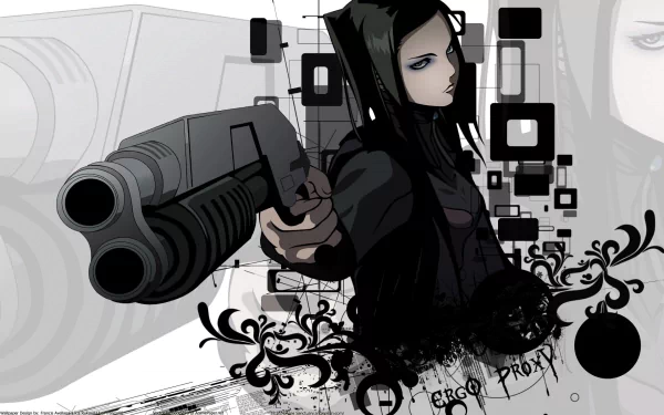 HD PC desktop wallpaper featuring anime-style artwork from Ergo Proxy, depicting a dark-haired character aiming a large futuristic gun against an abstract black and white background.
