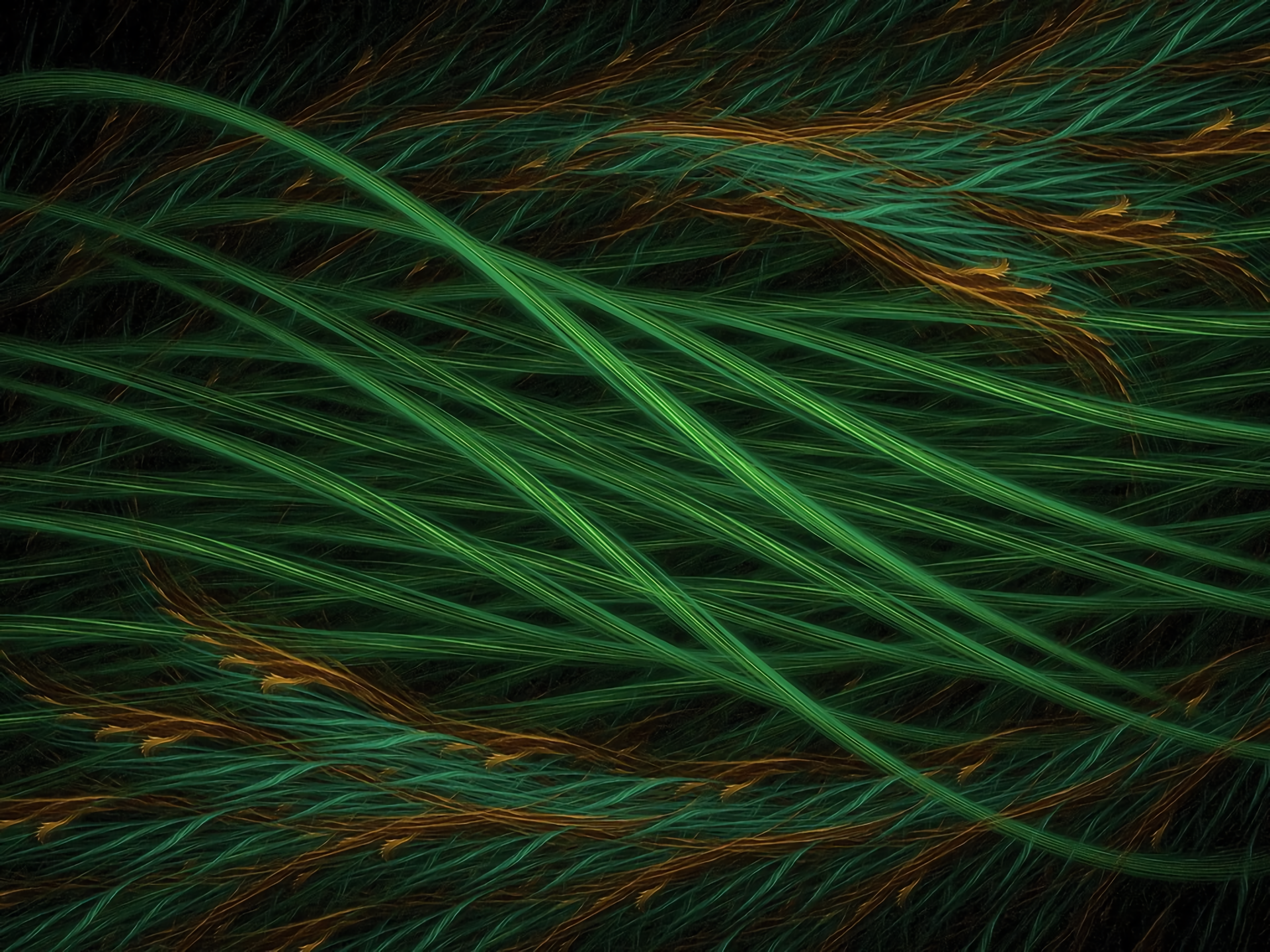 Abstract green waves intertwine with fine orange accents in this HD PC desktop wallpaper, creating a dynamic and textured background.