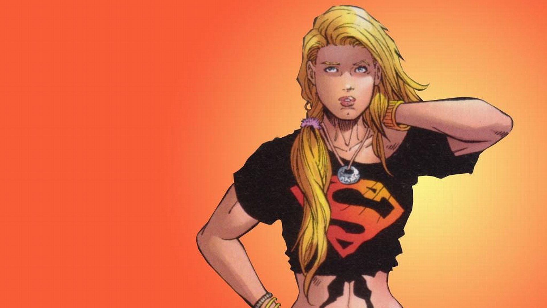 HD PC desktop wallpaper featuring a comic-style Supergirl with blonde hair, wearing a black crop top with the iconic red and yellow 'S' emblem against an orange background.