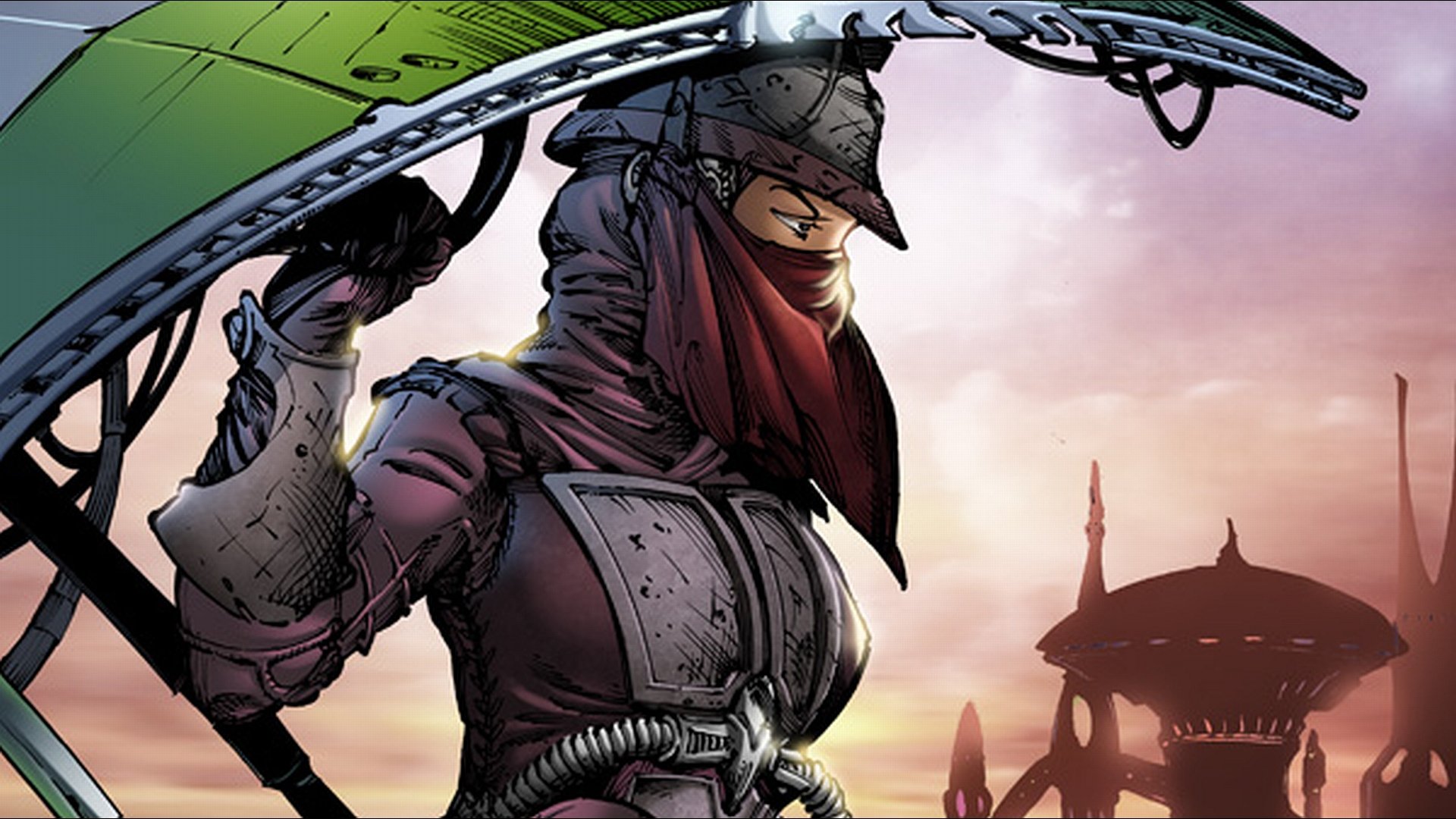 Zam Wesell, bounty hunter from Star Wars Episode II: Attack of the Clones, armored with scarf against a sunset sci‑fi skyline — HD PC wallpaper