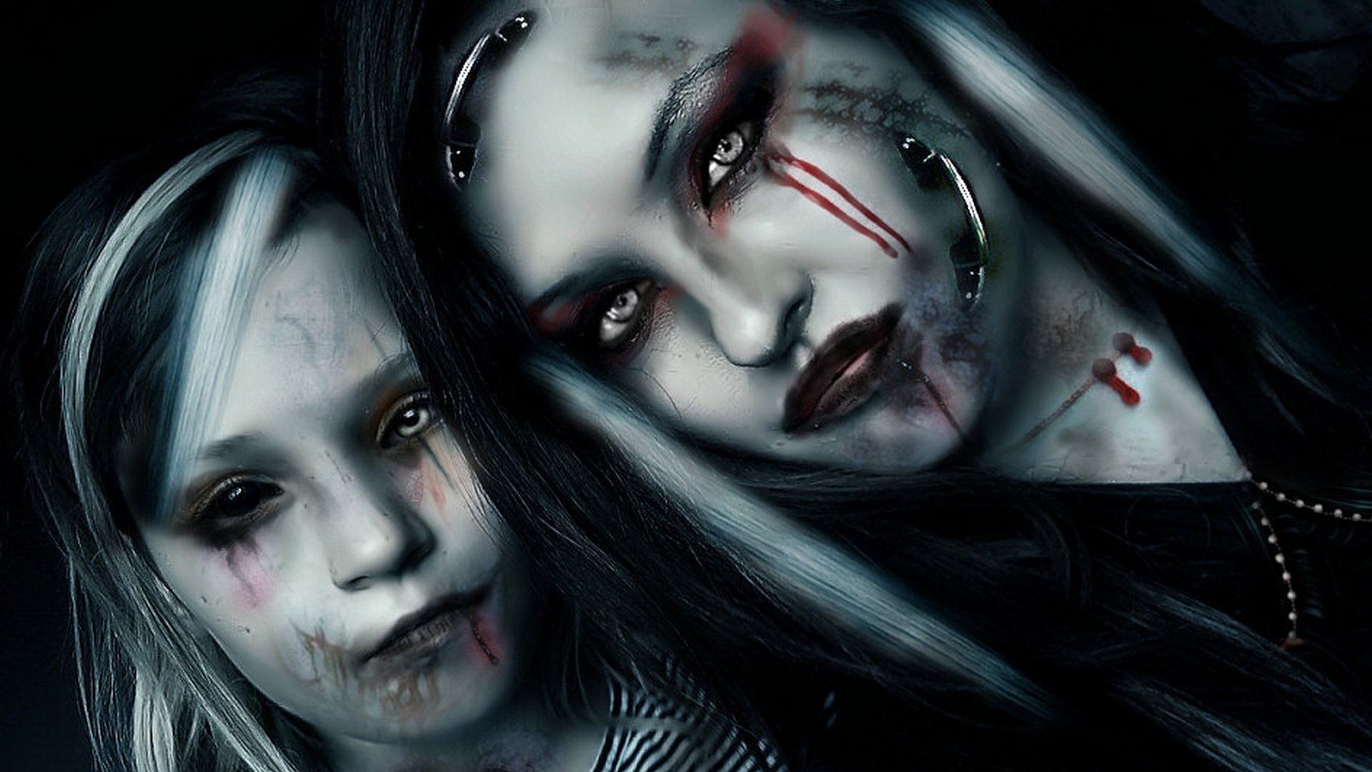 A dark-themed HD wallpaper featuring a woman and a child with striking makeup, highlighted by eerie expressions and artistic elements that evoke a haunting atmosphere.