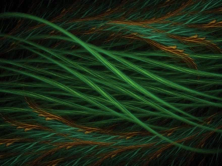 Abstract green waves intertwine with fine orange accents in this HD PC desktop wallpaper, creating a dynamic and textured background.