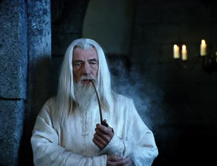 Ian McKellen as Gandalf from The Lord of the Rings: The Return of the King, with white hair, smoking a pipe in a dimly lit stone chamber.