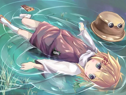 Suwako Moriya from Touhou anime lying in shallow water, blonde hair and frog-decorated outfit, straw hat beside her — HD PC desktop wallpaper/background