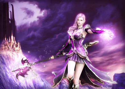 AION video game 2K Quad HD PC desktop wallpaper: purple-robed female mage wielding a staff, casting violet magic before a distant glowing castle.