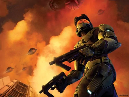 HD desktop wallpaper featuring Master Chief from the video game Halo, standing against a dramatic, fiery background.