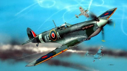 A dynamic HD wallpaper featuring a Supermarine Spitfire soaring through the sky, accompanied by two other aircraft, highlighting its iconic military design.