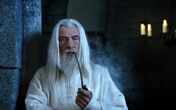 Ian McKellen as Gandalf from The Lord of the Rings: The Return of the King, with white hair, smoking a pipe in a dimly lit stone chamber.