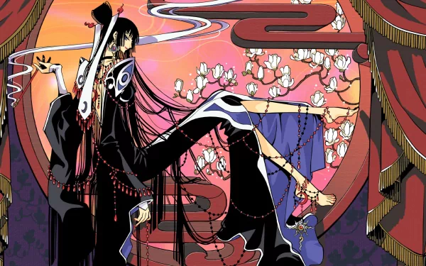 Anime xxxHOLiC HD PC desktop wallpaper and background: elegant woman in a black kimono lounges amid red curtains, floating white magnolias and swirling smoke in rich pink and purple tones.