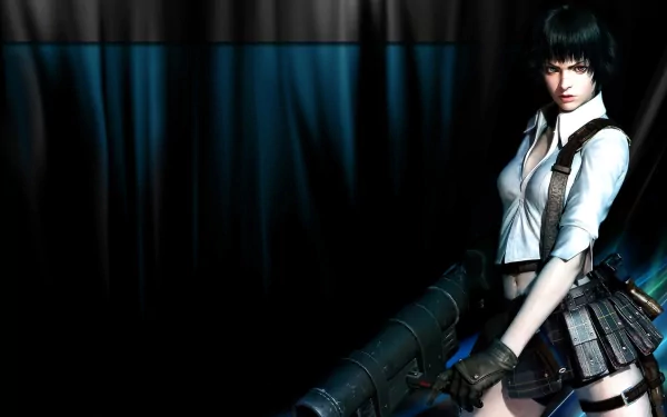 HD PC desktop wallpaper featuring a character from the video game Devil May Cry 3: Dante's Awakening standing against a dark blue and black background.