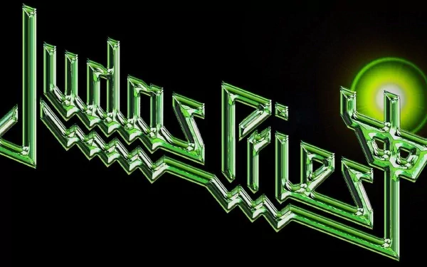 HD PC desktop wallpaper featuring a vibrant, electrified green Judas Priest logo against a dark background with a glowing green orb.