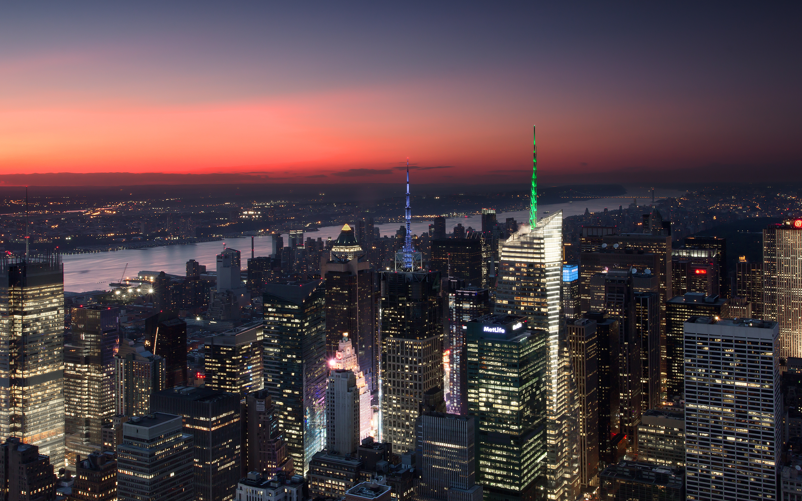 Skyscrapers adorn the New York City skyline at dusk in Manhattan.