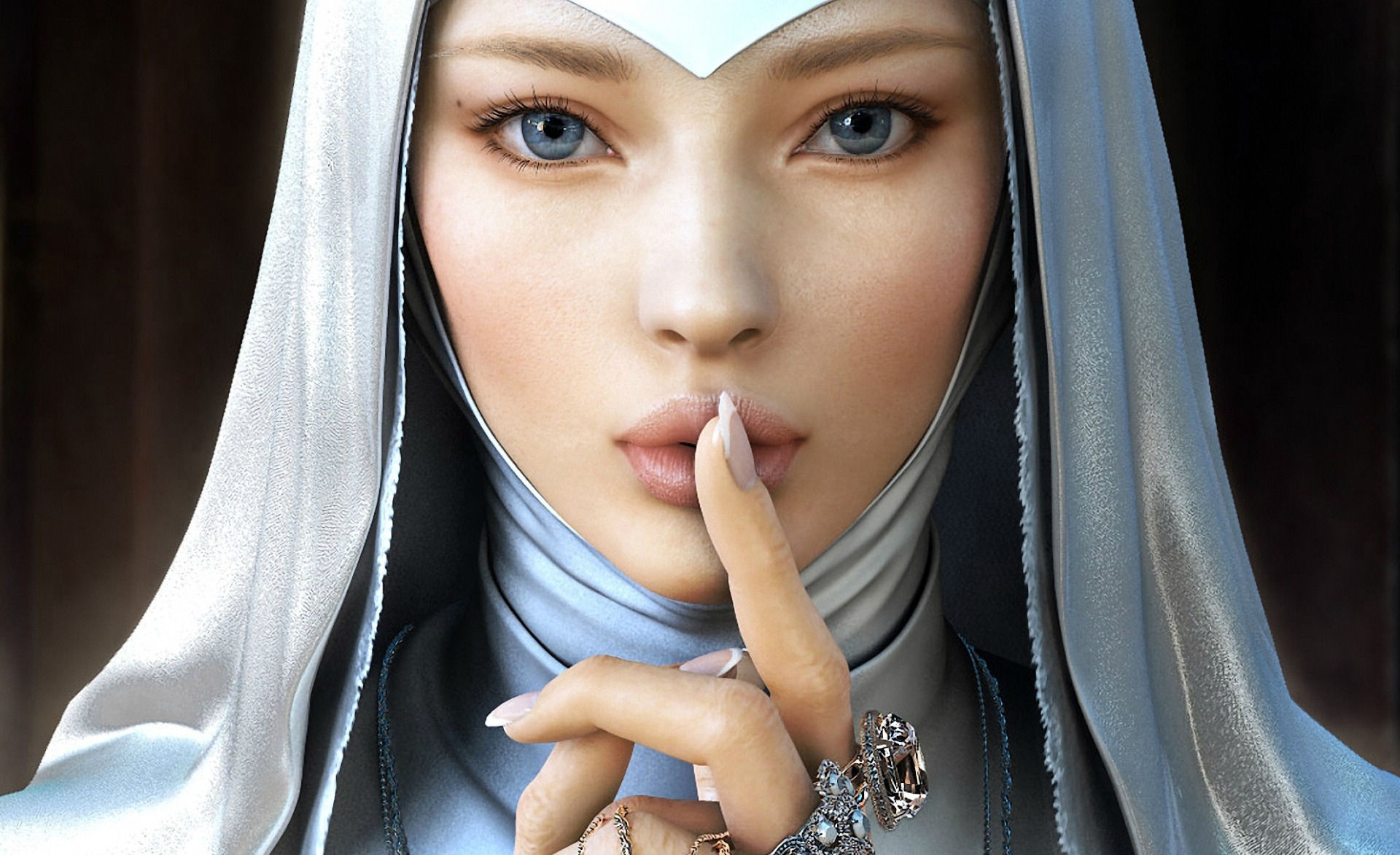 Fantasy artwork of a woman with blue eyes wearing a white ring as a nun, with an artistic touch.