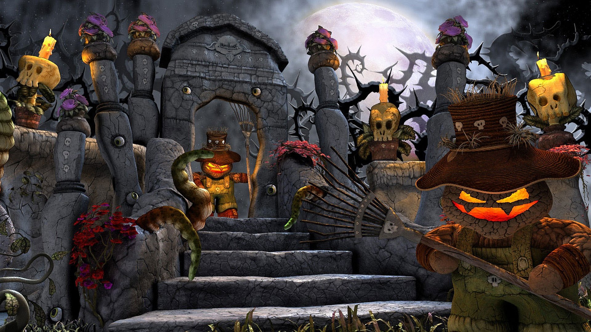 HD fantasy PC desktop wallpaper featuring eerie pumpkin-headed creatures guarding a dark, ancient stone crypt under a full moon.